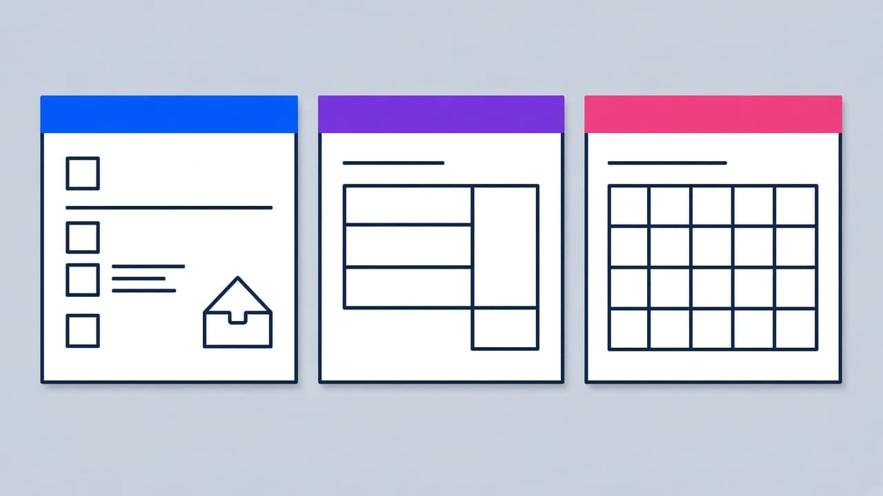 Drei Karten für Post, Rechnung und Kalender in Blau, Violett und Rosa.