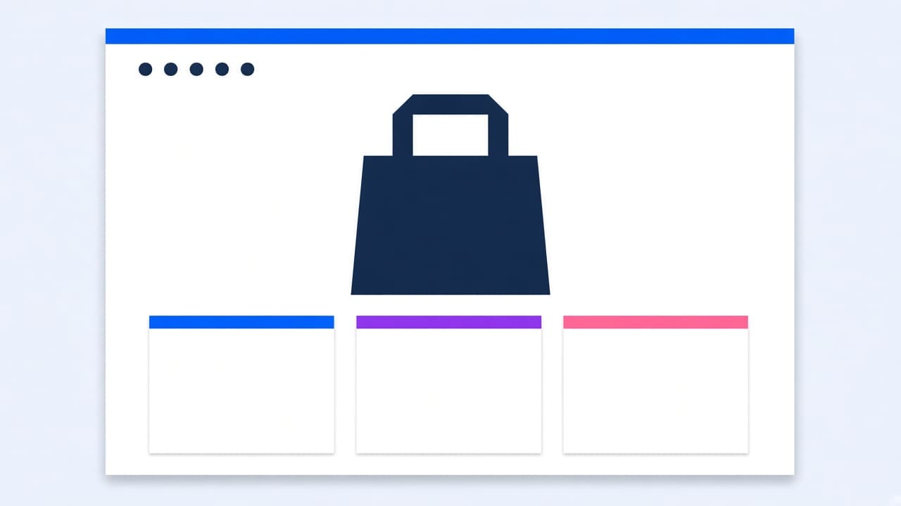 Ein Warenkorb und drei Produktkarten in Blau, Violett und Rosa.